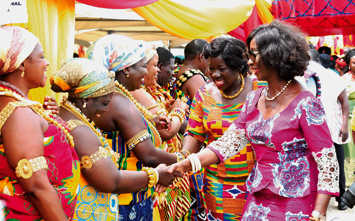  Mrs Elizabeth Ofosu Agyare (2nd right), Minister of Tourism and Ms Sherry Ayitey, Minister of Fisheries  exchanging greetings with traditional leaders at the festival.  Pictures: EMMANUEL QUAYE